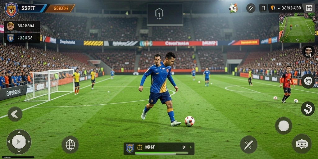 Tampilan gameplay seru di 55RT saat pertandingan sepak bola.