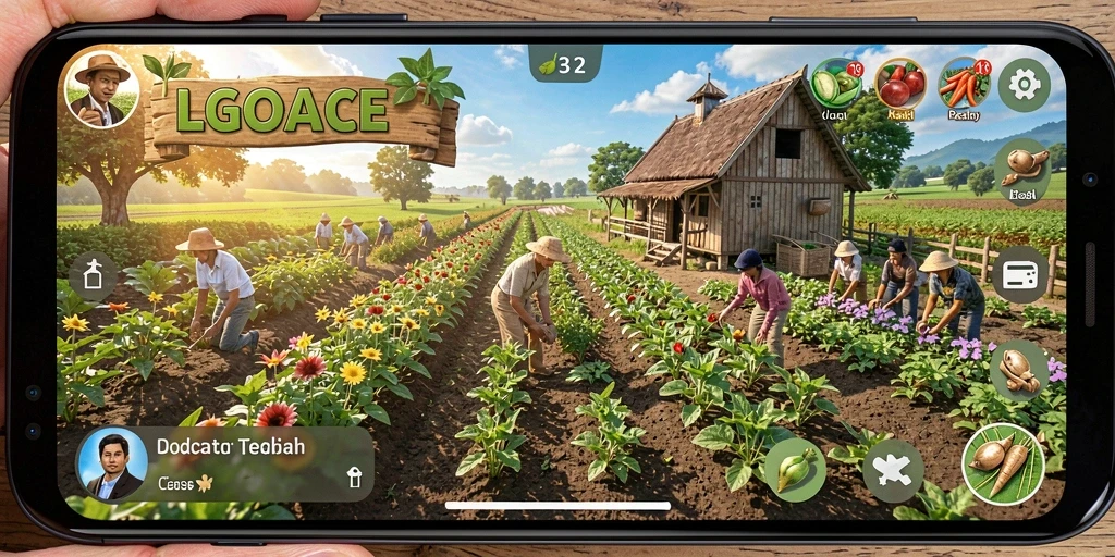 Tampilan gameplay LGOACE dengan ladang yang indah dan tanaman yang subur.