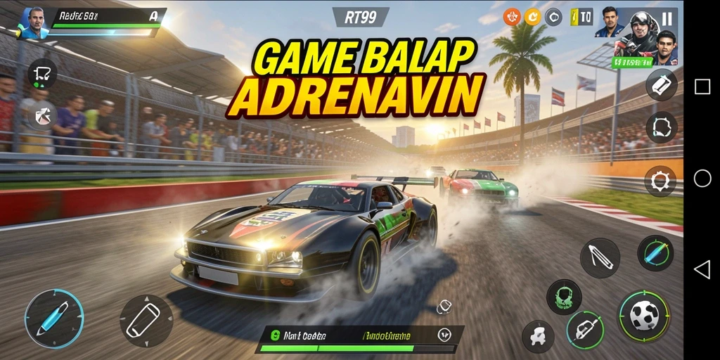 Screenshot gameplay RT99 dengan mobil balap di jalur yang menantang.