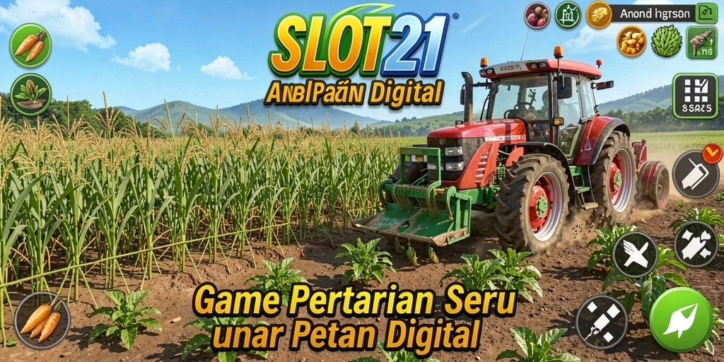 Screenshot gameplay SLOT21 menunjukkan kebun yang hijau dan beragam tanaman.