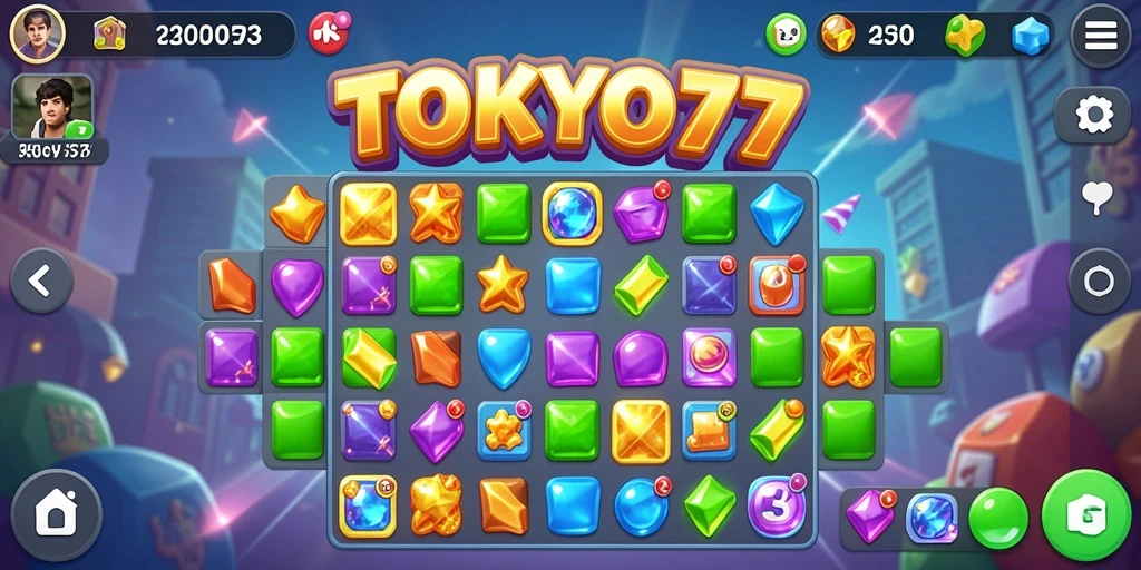 Tampilan gameplay seru TOKYO77 dengan tantangan Match-3.