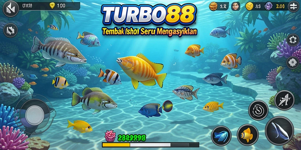 Tampilan gameplay Tembak Ikan yang menarik dan penuh warna.