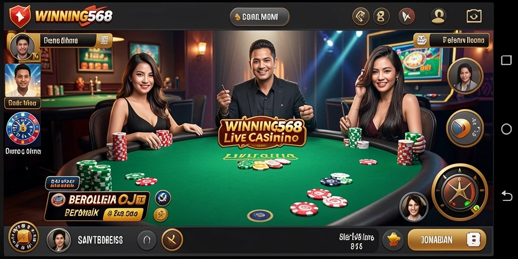 Tampilan gameplay seru di WINNING568 dengan dealer langsung dalam suasana kasino.
